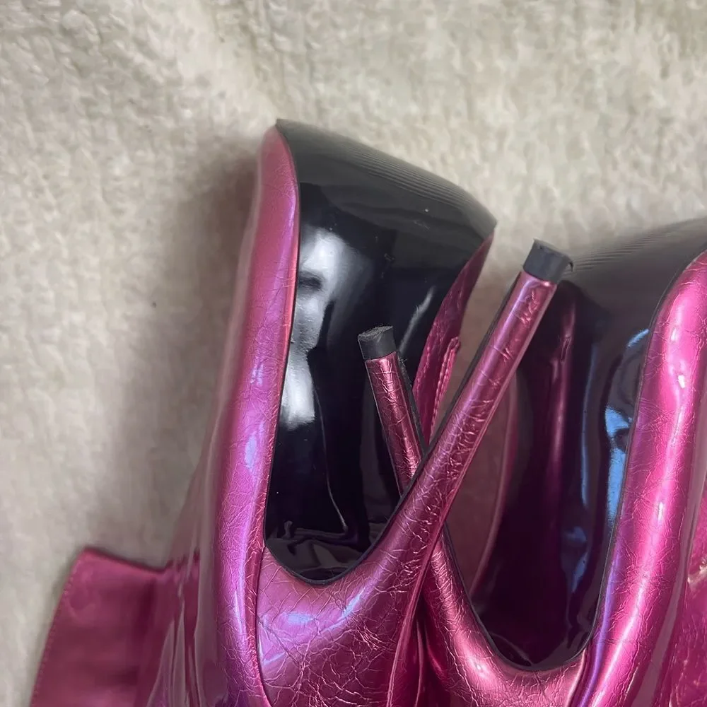 Azalea Wang synthetic Patent metallic Pink/Fuchsia thigh high heel boots SZ 7